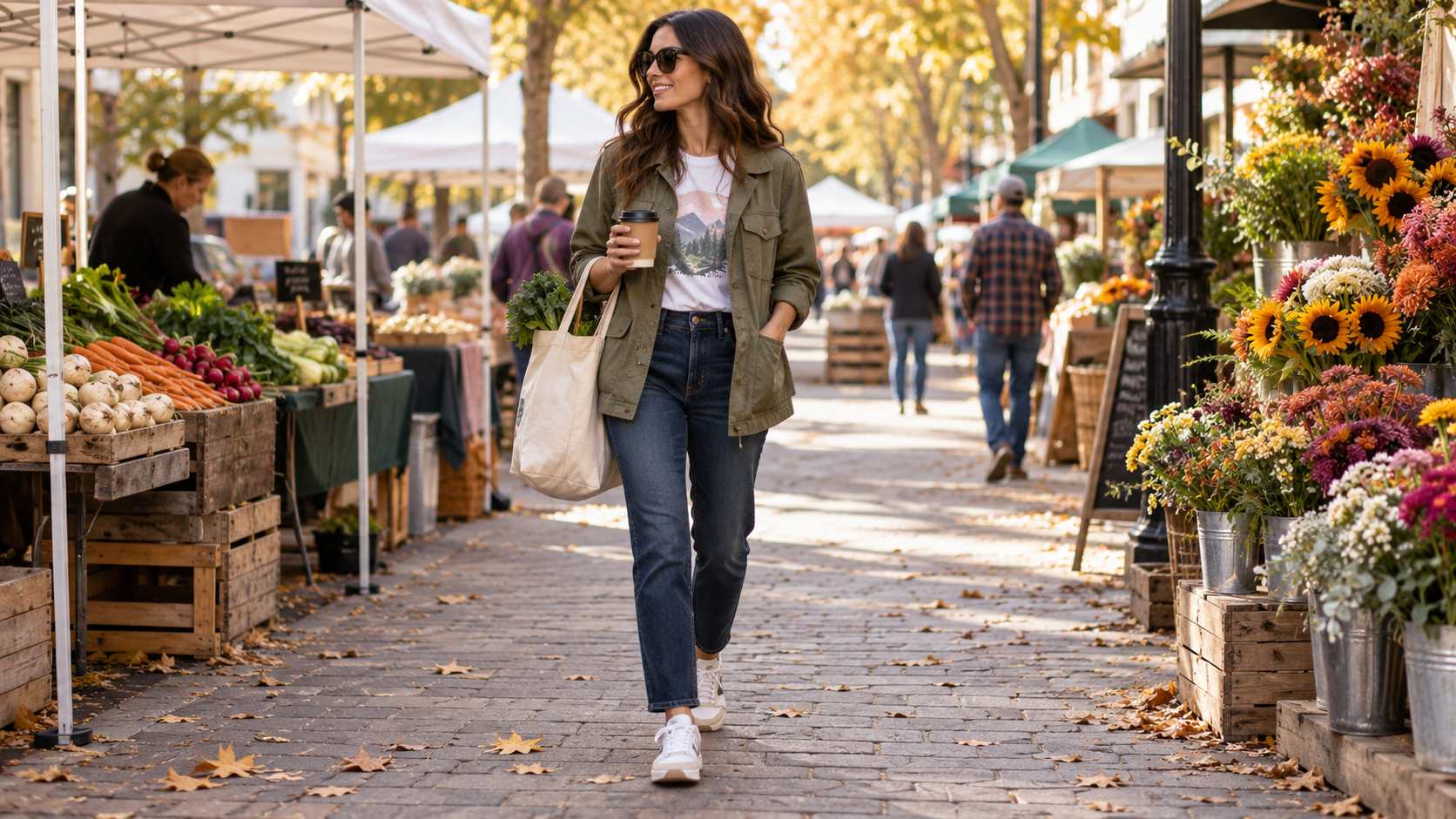 Graphic Tee with Dark-Wash Jeans Lightweight Utility Jacket and Sneakers